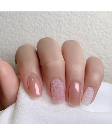 SINLOV Short Square Fake Nails Pink French False Nail Glossy Sequins Full Cover False Nails Press on False Nails for Women and Girls