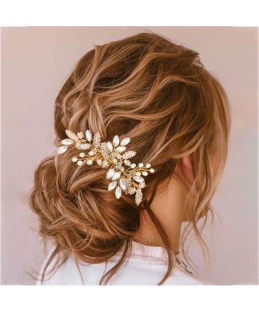 Jeairts Leaf Wedding Hair Comb Rhinestone Bridal Hair Pieces Opal Bridal Crystal Hair Accessories for Women and Girls (Gold)