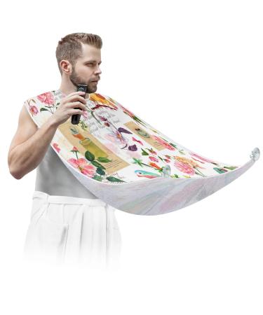 Retro Flower Bird Beard Bib Apron Beard Bib Hair Catcher for Men Shaving and Trimming Non-Stick Waterproof Beard Cape Grooming Cloth with 2 Suction Cups Gifts for Men