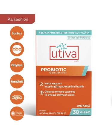 Utiva Probiotic Urinary Tract and Gut Health Supplement 12 Billion CFU Lactobacillus & Bifidobacterium Probiotic for Men and Women 30 Delayed Release Vegi Capsules - Buy Online on GoSupps.com