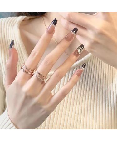 French Tip Press on Nails - Long Square Press On Nails with Nail Tips Love Diamond Chain Design Black press on nails Acrylic False Nails Cute Artificial Nails - Buy Online on GoSupps.com