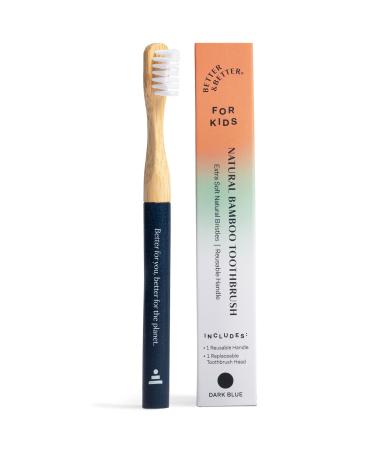 Better & Better Natural Bamboo Toothbrush for Kids | Extra Soft Bristle Toothbrush | 100% Plant-Based | Reusable Handle Replaceable Brush Head | Eco-Friendly Zero Plastic (Dark Blue)