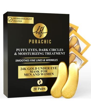 Purachic 24K Gold Eye Mask (20 Pairs) - Puffy Eyes and Dark Circles - Minimize Wrinkles and Fine Lines - Brighter and More Refined Under Eye - Smoother  Toned  and More Radiant Skin After Each Use.