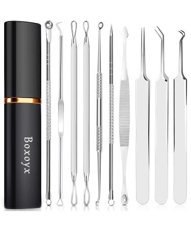 Blackhead Remover Pimple Popping Tool Kit Boxoyx 10Pcs Professional Pimple Comedone Extractor Popper Tool Acne Removal Kit-Treatment for Pimple Blackhead Zit Removing Forehead Facial&Nose (Silver)