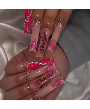 JUSTOTRY 24 Pcs Diamante Fake Nails Long Red French Press on Nails Designs Nude Medium Ballerina Stick on Nails for Women Acrylic Coffin False Nails with Glue for Nail Art drf