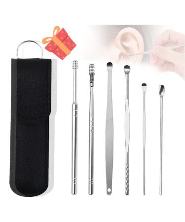 OvOHapia 6PCS Innovative Spring Ear Wax Cleaner Tool Set Ear Pick Removal Kit Ear Curette Ear Remover Tool Unisex Stainless Steel Ear Curette Cleaner (Black)