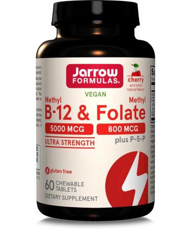 Jarrow Formulas, Methyl B12, 5.000mcg/Methyl Folate 800mcg, 10-Day-Deposit, Cherry Taste, 60 Vegan Tablets, Gluten Free, Vege