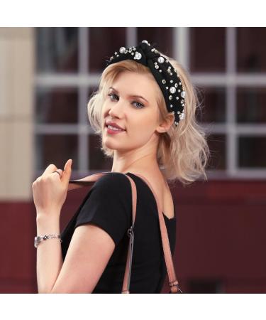 WantGor Pearl Knotted Headband Women Rhinestone Embellished Hairband Elegant Wide Top Knot Bride Headbands Headpieces Party Fashion Elegant Ladies Hair Band Hair Hoop Accessories (Black) - Buy Online on GoSupps.com