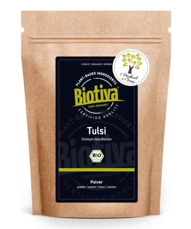 Biotiva Tulsi Powder Organic 250g - Indian Basil - Ocimum Tenuiflorum - Royal Basil - Vegan - Bottled and Controlled in Germany (DE- KO-005)