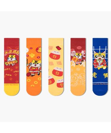 Chinese New Year Red Socks Color Fashion Embroidered Cotton Socks for Men and Women Chinese Style Sports Socks 5 Pairs (Color : RED Size : 36-43) 36-43 Red