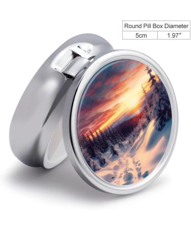 Round Pill Box - Winter Snow Sunset Landscape Print | 3 Compartment Decorative Metal Organizer | Portable Pocket Pill Case - Buy Online on GoSupps.com