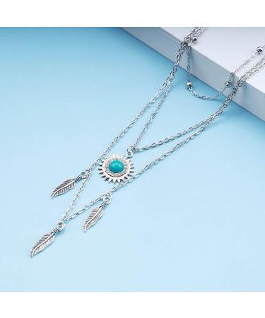 Boho Layered Feather Choker Necklace | Turquoise Pendant & Vintage Crystal Sun Jewelry for Women & Girls - Buy Online on GoSupps.com
