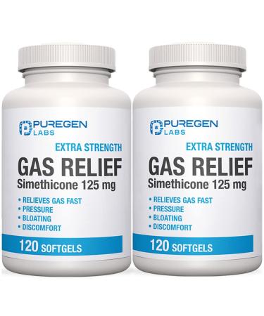 P Puregen Labs Extra Strength Gas Relief Softgels with Simethicone 125 mg | Fast Relieve of Pressure, Bloating and Painful Discomfort  2 Pack | Total 240 Softgels