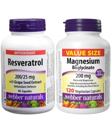 Webber Naturals Resveratrol with Grape Seed Extract Caplet 200/25mg & Magnesium Bisglycinate 200 mg 120 Capsules Supports Bone and Muscle Functions Vegan SUPPLEMENT + SUPPLEMENT s1101ed23