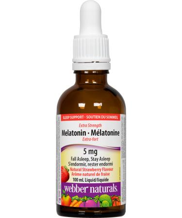 Webber Naturals Melatonin 5 mg Extra Strength Liquid 100 mL Strawberry Flavour For Sleep Support Vegan