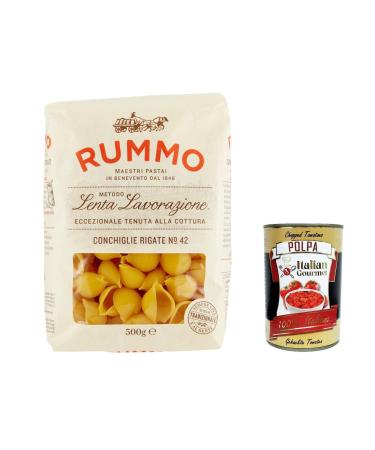 Italian Gourmet E.R. Rummo Conchiglie Rigate n.42 Pasta Lenta Lavorazione Durum Wheat Semolina 500 g Bronze Design + Italian Gourmet Pulp 400 g