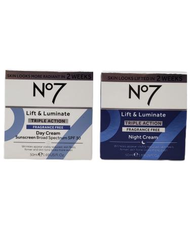 No. 7 No 7 Early Lift and Luminate Triple Action Fragrance Free Face Cream - Day and Night Bundle - 1.69 fl oz Each - Fragrance Free Day and Night Cream by No 7 - SPF 30 in Day Cream White