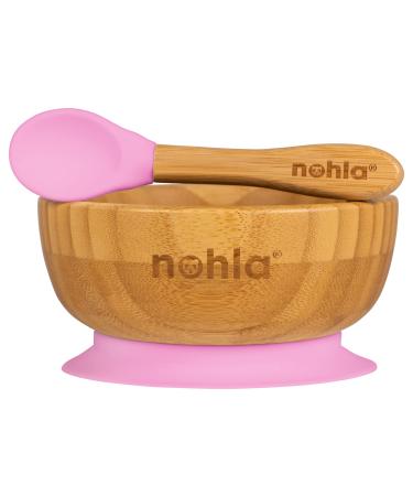 nohla - Bamboo Baby Weaning Suction Bowl and Spoon Set - Pink - 350ml Capacity - 100% Natural & Organic BPA-Free Silicone - Toddler Mealtime Essentials Pink Bowl