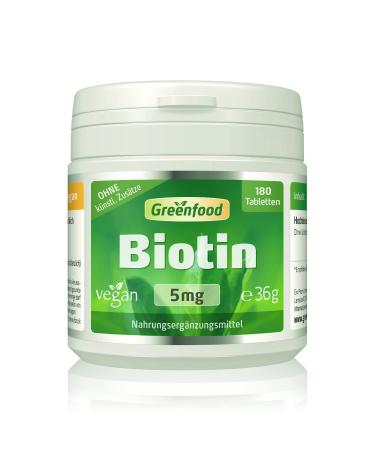 Biotin 5 mg high dose 180 tablets vegan - for skin and hair. WITHOUT artificial additives. Without genetic engineering. 36 g (1 pack)