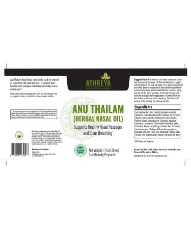 Athreya Herbs Anu Thailam (Nasal Oil) 1 Oz - Ayurvedic Herbal Nasal Oil for Clear Breathing and Nervous Tissue Support - Vegan Non-GMO - Buy Online on GoSupps.com
