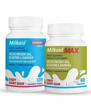 Milkaid Chewable Tablets & Max Capsules Bundle | Lactase Enzyme for Lactose Intolerance | Fast Acting Dairy Digestive Supplement | 120 Chewable Tablets & 60 Capsules