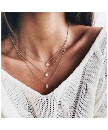 Boho Layered Crystal Necklace Choker Gold Bezel Pendant Necklace Multi Layering Vintage Necklace Chain Cz Bridal Necklace Chain Jewelry for Women and Girls