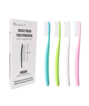 EasyHonor Huge Head Toothbrush, Big Toothbrush, Giant Head Toothbrush, Hard & Firm Toothbrush bristles BPA Free for Proper Dental Care 4 Pack with White Hard Bristles.