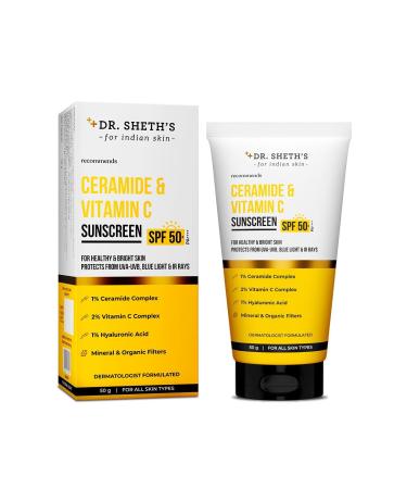 Ceramide & Vitamin C Sunscreen | SPF 50+ Pa+++ | In-Vivo Tested | For Bright Skin & Healthy Glow | Non-Greasy Quick-Absorbing No White Cast | UVA/B & Bluelight Protection |50 g