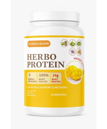 Herbo Protein 100% Whey Protein Isolate Naturally Hydrolized. 24g of Protein 2g of Sugar Low Carb Gluten Free 2.4 Pounds 30 Servings Mango - Saffron Flavor Protein Powder