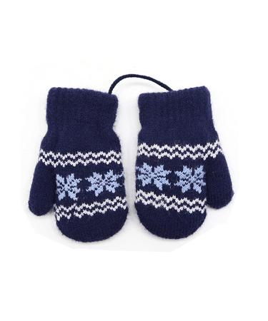0-2Y Kids Thicken Soft Thermal Hanging Neck Gloves Winter Warm Cute Small Snowflake Dsign Mittens Full Finger Gloves with String for Baby Infant Children Toddler Girls Boys Navy