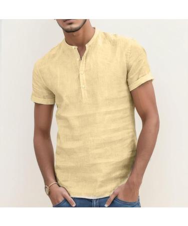 Shop Lightweight Khaki Linen Shirt for Men - Short Sleeve Summer Casual Henley with Stand-Up Collar | XXL - Buy Online on GoSupps.com