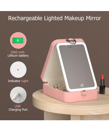 Portable Jewelry Organizer Box with Makeup Vanity Mirror - Rechargeable LED Mirror - Pink - Buy Online on GoSupps.com
