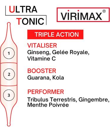 NUTRIG E - Virimax Ultra Tonic - Vitalises Boosts & Promotes the Performance of the Organism Reduces Fatigue - Natural Formula - 1 Socket/Day - 10 Ampoules - 10 Day Program - Made in France - Buy Online on GoSupps.com