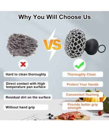 BIXUEJ Cast Iron Cleaner Upgraded Handle Cast Iron Scrubber Brush Black 316 Chain Mail Scrubber - Buy Online on GoSupps.com