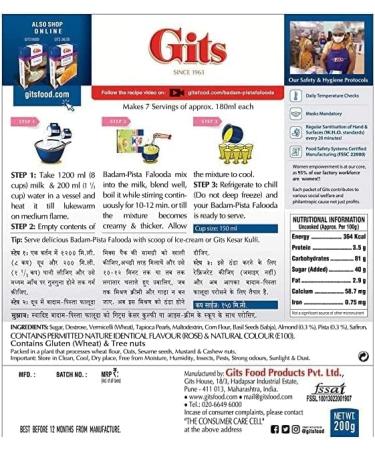 Gits Falooda Mix Badam Pista Drink Mix 200g - Delicious Beverage-Cum-Dessert with Vermicelli Sweet Basil & Crushed Almonds & Pistachios - Ready in 3 Easy Steps Makes 7 Servings (Pack of 5) - Buy Online on GoSupps.com