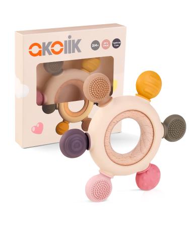 akolik Teething Toys for Baby Baby teether Silicone Teething for Babies 0-6 6-12 Months BPA-Free with Wooden Ring Silicone Chewable Teether Rudder B