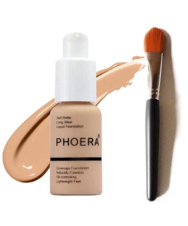 Glamza Phoera Foundation Set with Makeup Brush - Matte Cream Foundation Kit with 104 (Buff Beige) Shade & Applicator - Full Coverage Concealer - 24hr Oil Control - 30ml