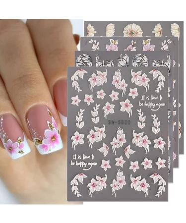 5D Flower Nail Art Stickers 3D Embossed Nail Decals Spring Self-Adhesive Nail Art Supplies Accessories Pink Cherry Blossom Engraved Flower Nail Decoration for Women Nail Design(4 Sheets)