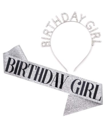Birthday Girl Sash & Rhinestone Headband Set - Birthday Sash Birthday Gifts for Women Birthday Party Supplies(Silver Glitter/Black) Silver Glitter/ Black
