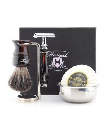Haryali London 5-part shaving set for men double-sided razor plane with synthetic roof hair brush stand soap and bowl