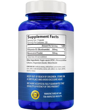 Resveratrol with Vitamin B3 Nicotinamide 500mg | NAD+ Precursor and Longevity Complex with Nicotinamide Form of Vitamin B3 Niacin Flush Free for Aging Skin Energy & Cellular Support (120 Day Supply) 120 Count (Pack of 1) - Buy Online on GoSupps.com