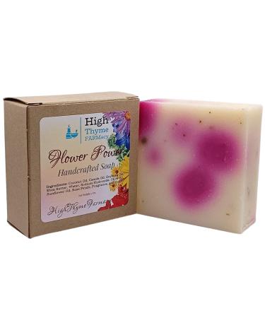 High Thyme FARMacy Flower Power Handmade Soap - 5 Ounce Bar of Floral Scented Lye Soap with Real Rose Petals - Romanitic Moisturizing Bath Soap with Floral Base & Musky Undertones Floral 5 Ounce