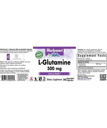 Bluebonnet Nutrition L-Glutamine 500mg Capsules - Immune Support & Nitrogen Transport - Non-GMO, Vegan, Kosher - 50 ct - Buy Online on GoSupps.com