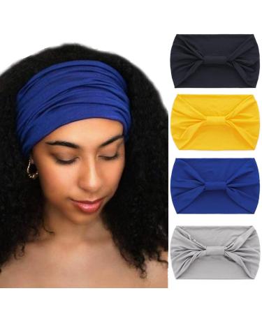 Woeoe African Headbands Knotted Hairbands Black Yoga Sport Head Wraps Wide Elastic Head Scarf for Women and Girls (Pack of 4) yellow blue dark blue gray