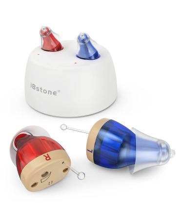 iBstone Rechargeable Hearing Amplifier to Aid Adults Seniors Hearing, Completely-in-Canal (CIC) Mini Digital Hearing Devices for Seniors & Adults, Blue & Red, Pair, K17