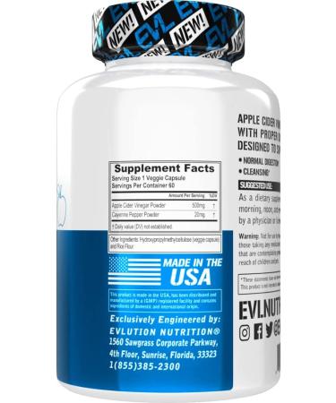 EVLution Nutrition Apple Cider Vinegar - 60 Veggie Capsules for Weight Loss & Digestion - Buy Online on GoSupps.com