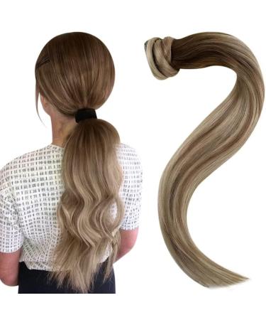 Easyouth Ombre Ponytail Hair Extensions Real Hair Wrap Around Ponytail Extensions Dark Brown to Light Brown and Medium Blonde Balayage Ponytail Human Hair 16 Inch 80g 40 cm/16" 4-Pony #3/8/22