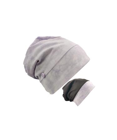 Boy&Girls' Satin Lined Sleep Bonnet Cap with Button for Facemask Ear Protection Hair Bonnet Cotton Slouchy Beanie Tie-dye Jersey (Purple)