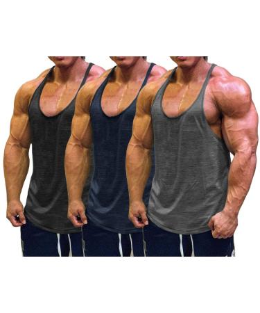 Muscle Cmdr Men's Bodybuilding Stringer Tank Tops Y-Back Gym Fitness T-Shirts 3-pack:black/Gray/Navy Blue Large