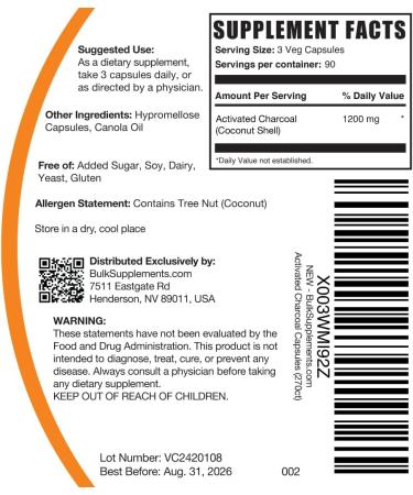 BulkSupplements.com Activated Charcoal Capsules - Coconut Charcoal Activated Charcoal for Kidney Support Activated Charcoal Pills - Vegan 3 Capsules per Serving (1200mg) 270 Veg Capsules - Buy Online on GoSupps.com